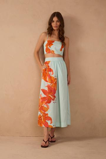 Blue L¨ªrios Top and Midi Skirt Cotton Set