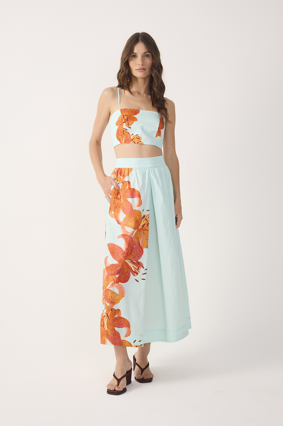 Blue L¨ªrios Top and Midi Skirt Cotton Set