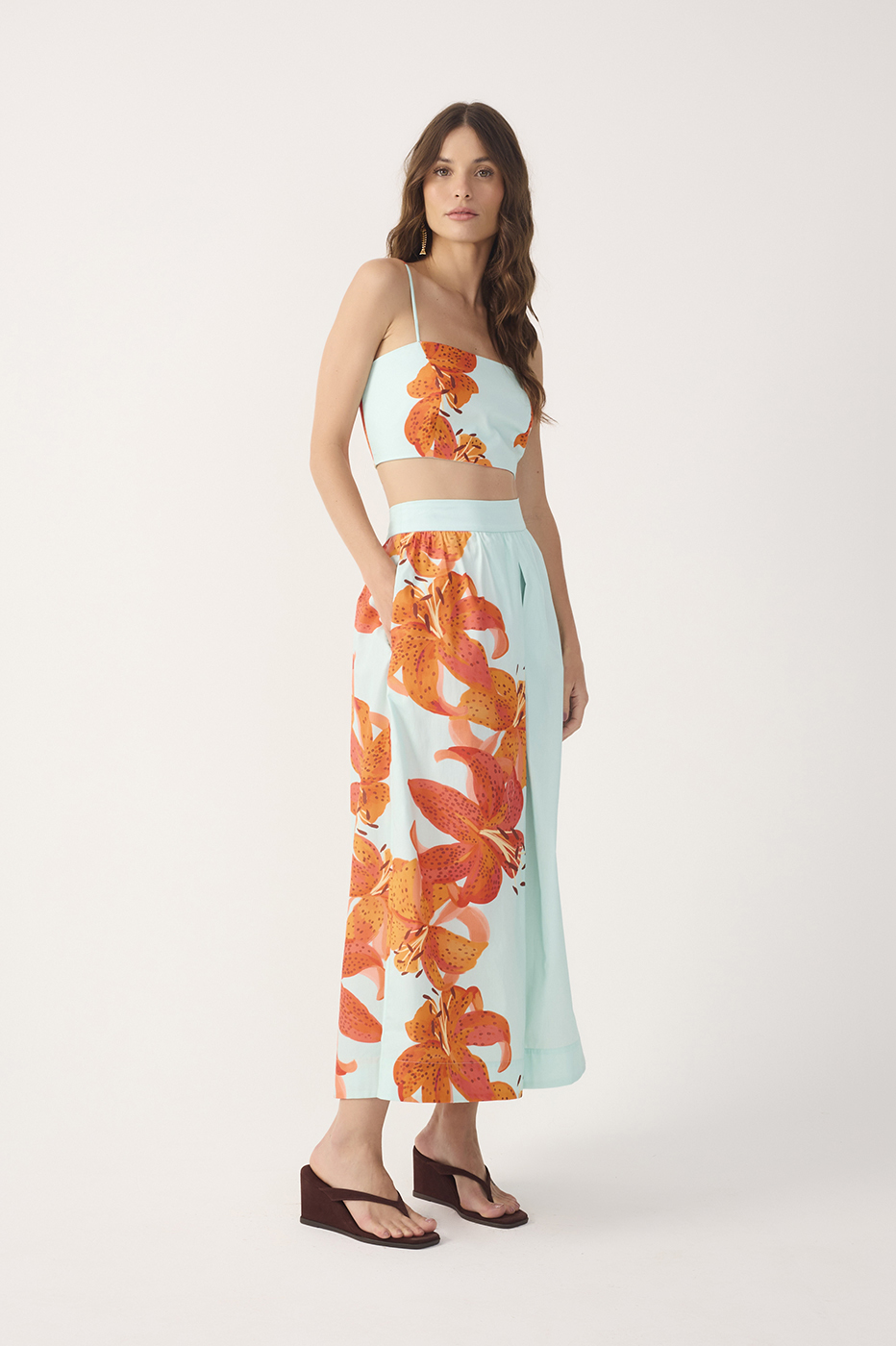 Blue L¨ªrios Top and Midi Skirt Cotton Set