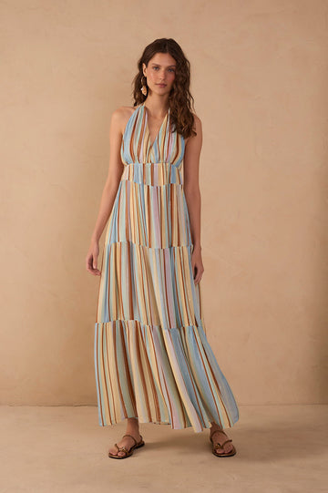 Multicolor Stripes C¨¦u Tiered Lurex Maxi Dress