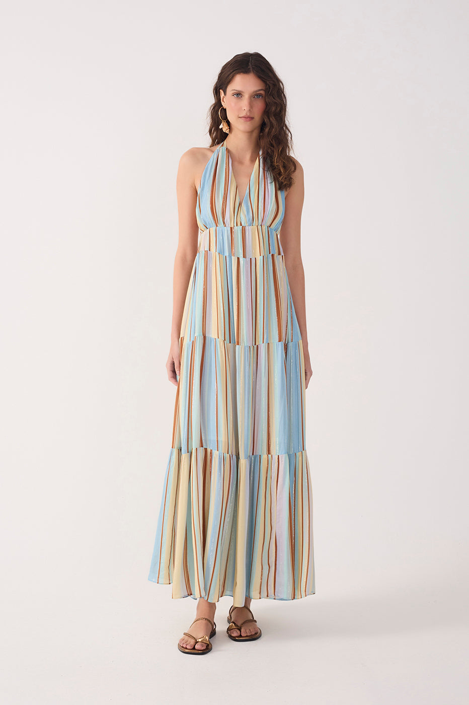 Multicolor Stripes C¨¦u Tiered Lurex Maxi Dress