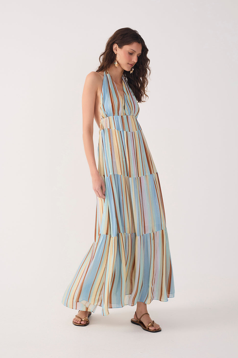 Multicolor Stripes C¨¦u Tiered Lurex Maxi Dress