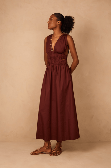 Brown Caffeine Plunging Neck Elastic Straps Cotton Maxi Dress