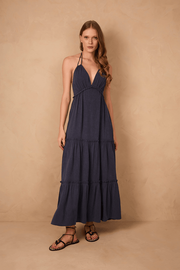 Indigo Blue Maria Halter Neck Tiered Maxi Dress