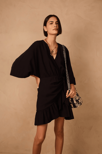 Black Kimono Sleeves Wrap Mini Dress