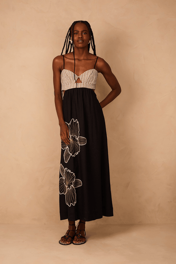 Black Embroidered Cut-Out Bodice Linen Maxi Dress