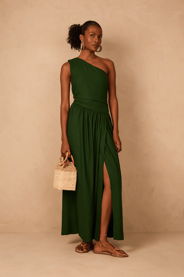 Green Botanical One-Shoulder Draped Linen Maxi Dress
