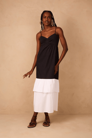 Black And White Layered Sleeveless Cotton Maxi Dress