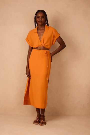 Orange Samba Cut-Out Wrap Bodice Midi Dress