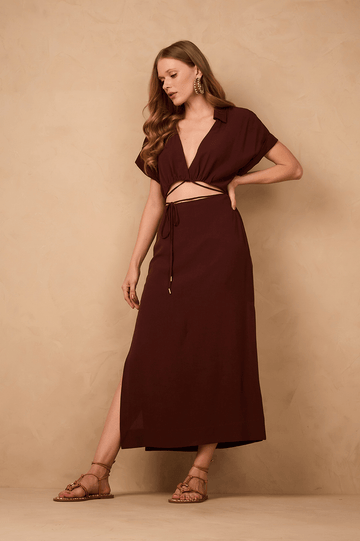Our Brown Caffeine Cut-Out Wrap Bodice Midi Dress