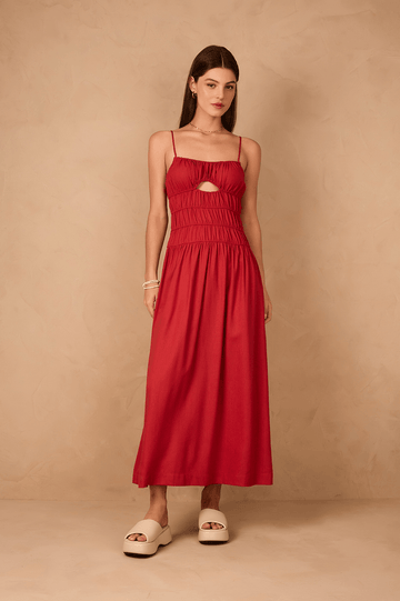 Red Encanto Ruched Bodice Sleeveless Linen Maxi Dress