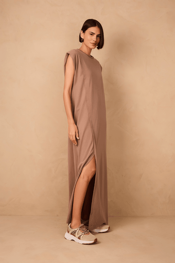 Grey Mirante Padded Shoulder Front Slit Maxi Dress