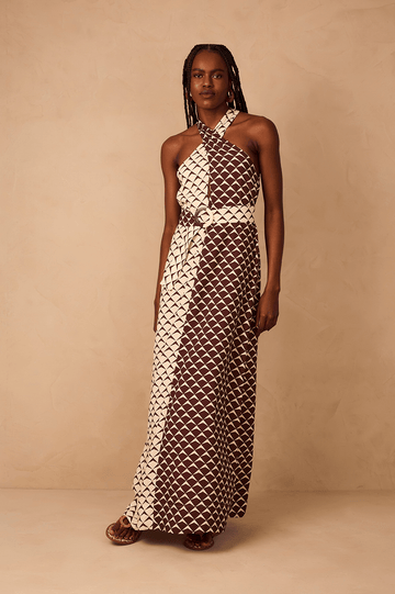 Brown Asa Delta Halter Neck Belt Maxi Dress