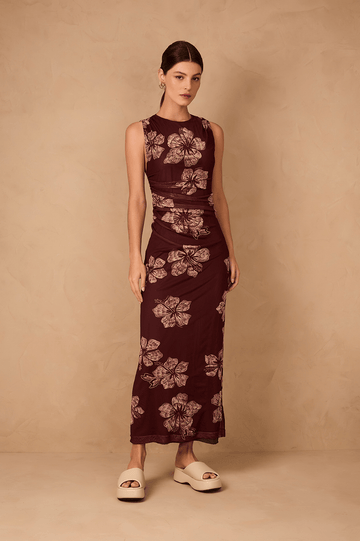 Brown Grumari Sleeveless Draped Tulle Maxi Dress
