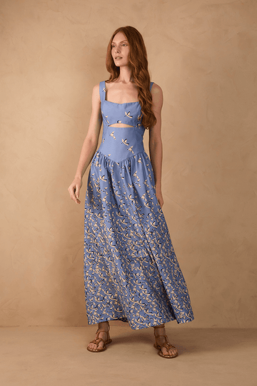 Blue Voo Livre Cut-Out Smocked Bodice Sleeveless Maxi Dress