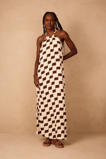 Brown Bossa Nova Halter Neck Crepe Maxi Dress