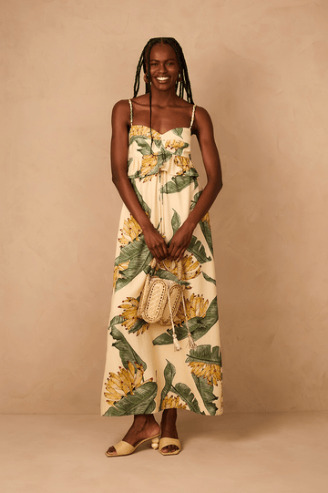 Linen Midi Dress with Paradise Print