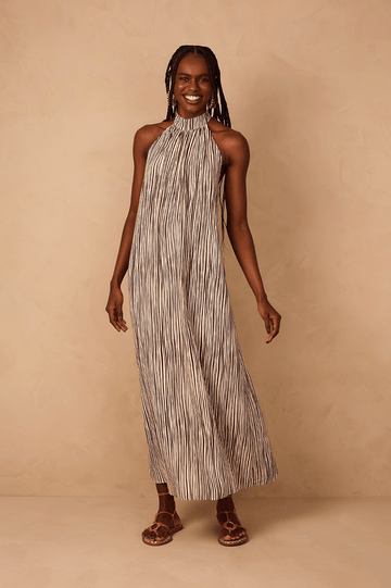 Brown Leme Halter Neck Cambric Maxi Dress