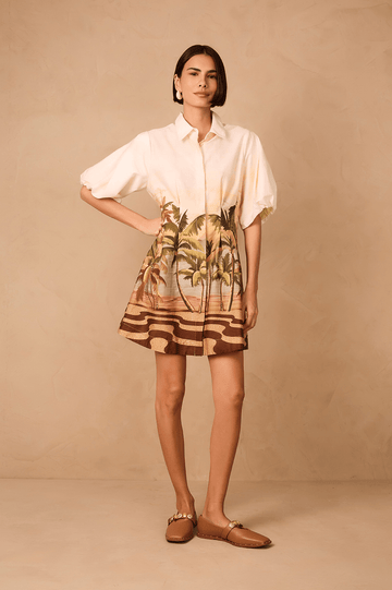 Off-White Fim De Tarde Collared Balloon Sleeve Pleat Mini Dress