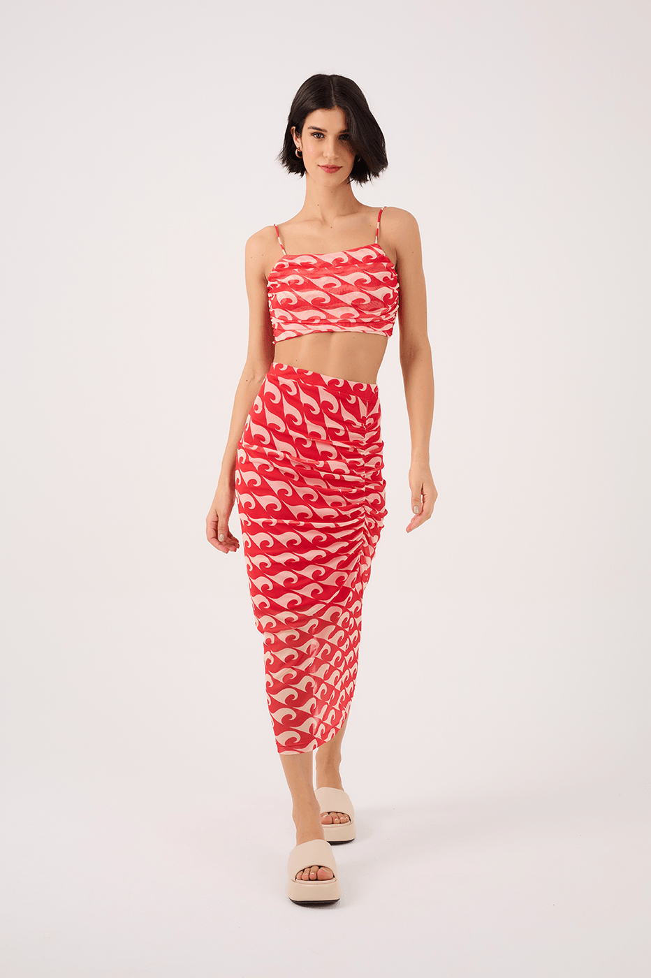 Draped Tulle Drop Print Top