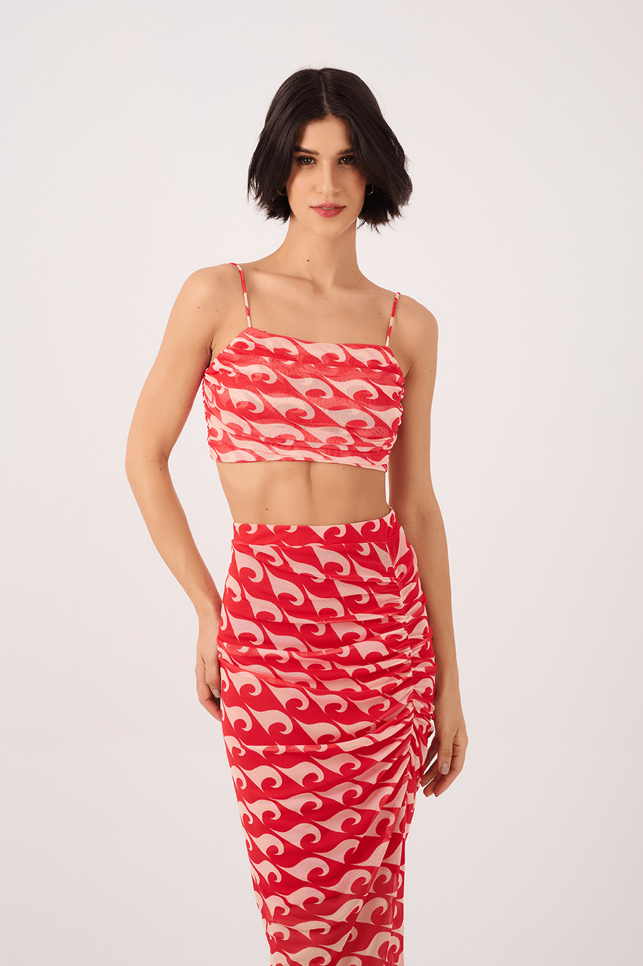 Draped Tulle Drop Print Top