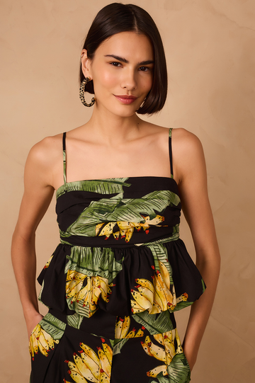 Black Paraiso Square Neck Smocked Peplum Top