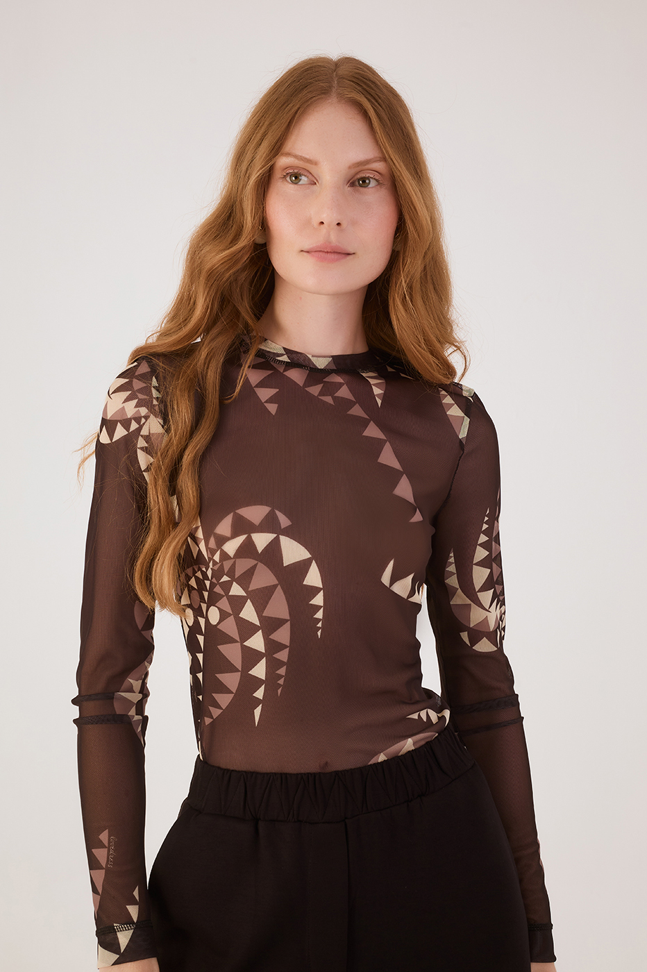 Brown Coqueiral Crew NeckTulle Blouse