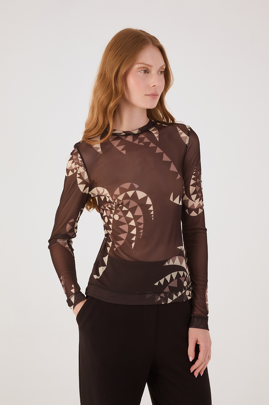 Brown Coqueiral Crew NeckTulle Blouse