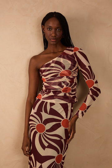 Brown Sunset Ruched One-Shoulder Tulle Top