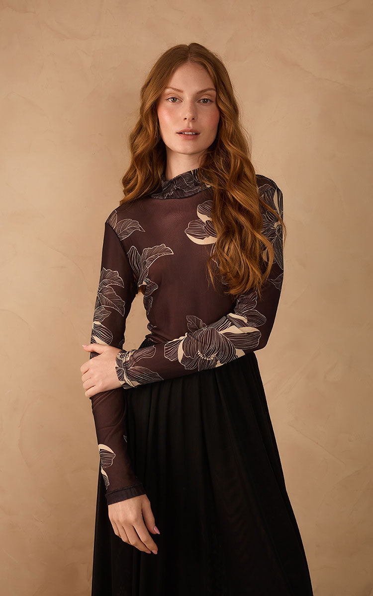Brown Flora  Tulle Turtleneck
