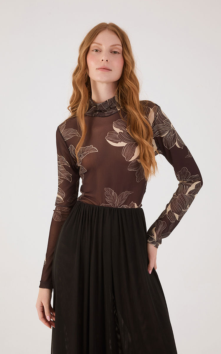 Brown Flora  Tulle Turtleneck