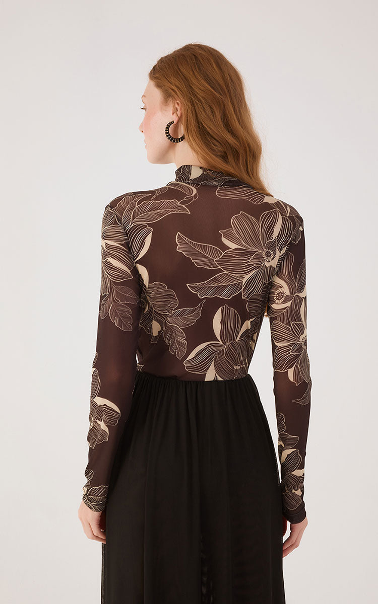 Brown Flora  Tulle Turtleneck