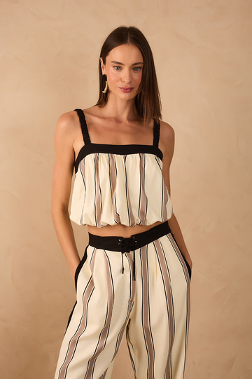 Beige Parque Stripes Square Neck Sleeveless Balloon Blouse