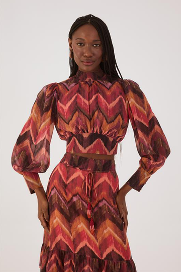 Long Sleeve Ikat Print Blouse