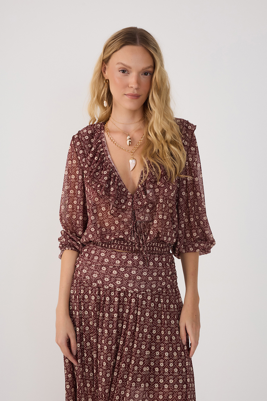 Burgundy Essencia Plunging Neck Front Ties Tulle Blouse