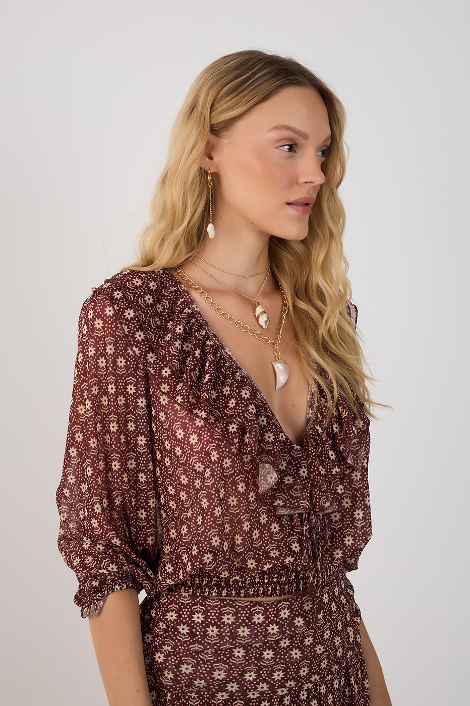 Burgundy Essencia Plunging Neck Front Ties Tulle Blouse