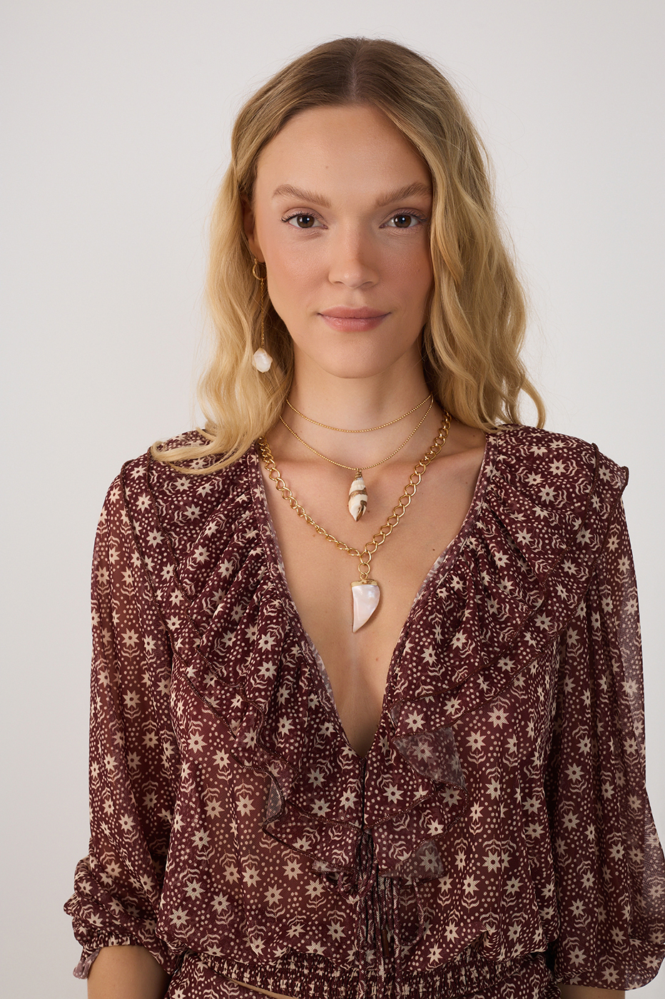 Burgundy Essencia Plunging Neck Front Ties Tulle Blouse
