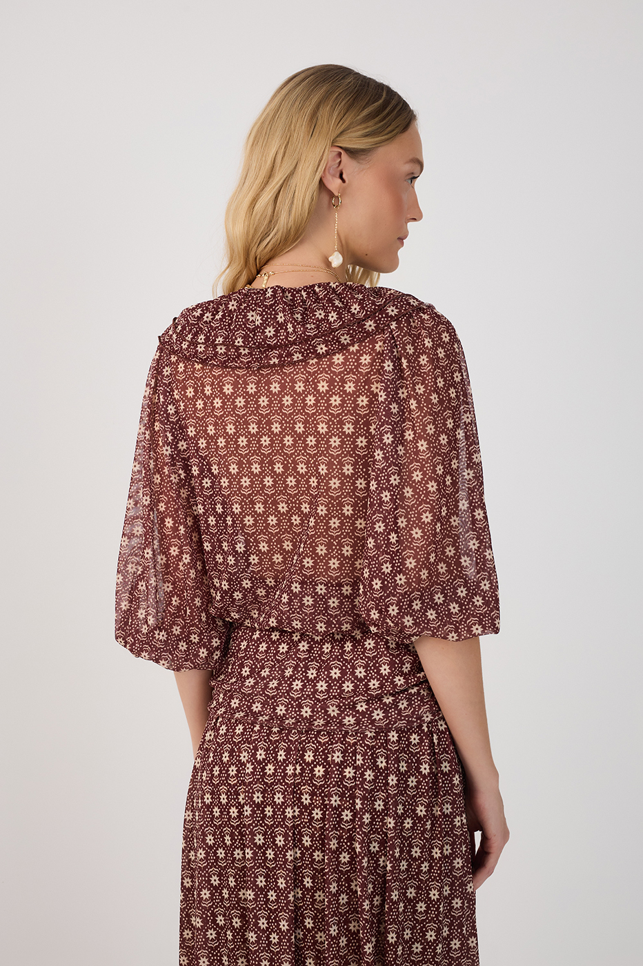 Burgundy Essencia Plunging Neck Front Ties Tulle Blouse
