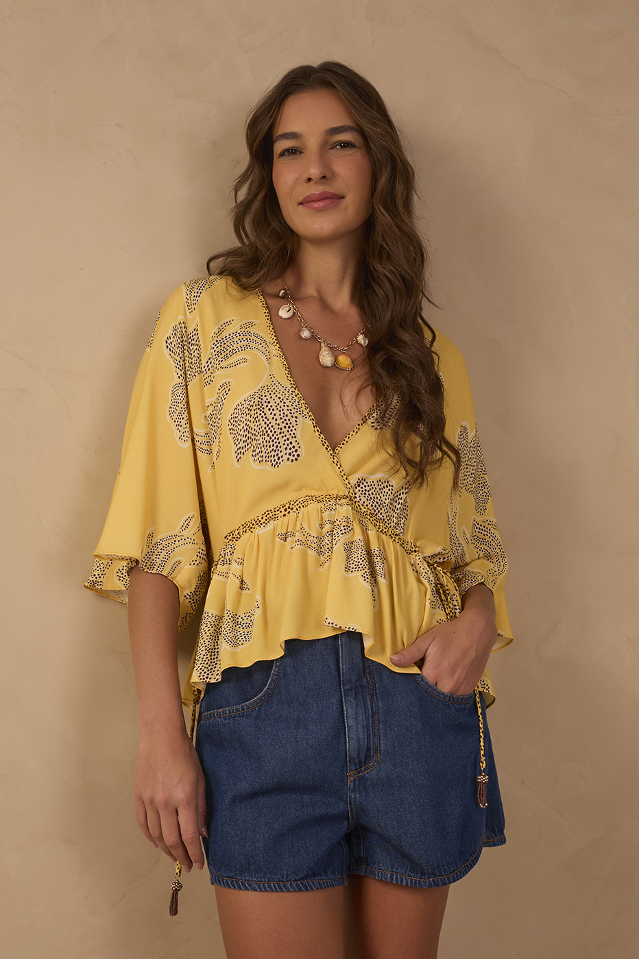 Yellow Laguna V Neck Draswtring Blouse