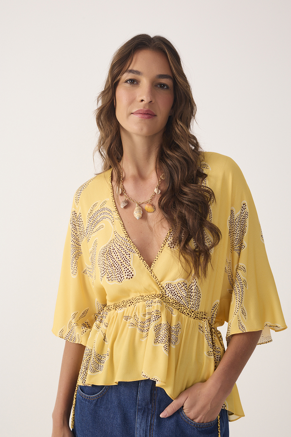 Yellow Laguna V Neck Draswtring Blouse