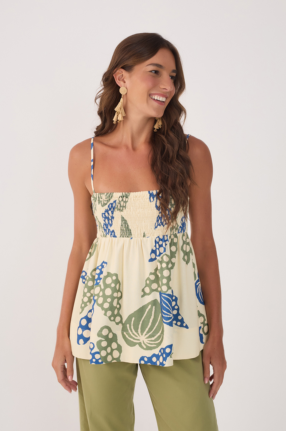 Beige Begonia Smocked Bodice Blouse