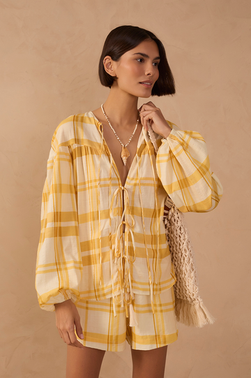 Yellow Plaid Puff Sleeves Tie-Front Blouse
