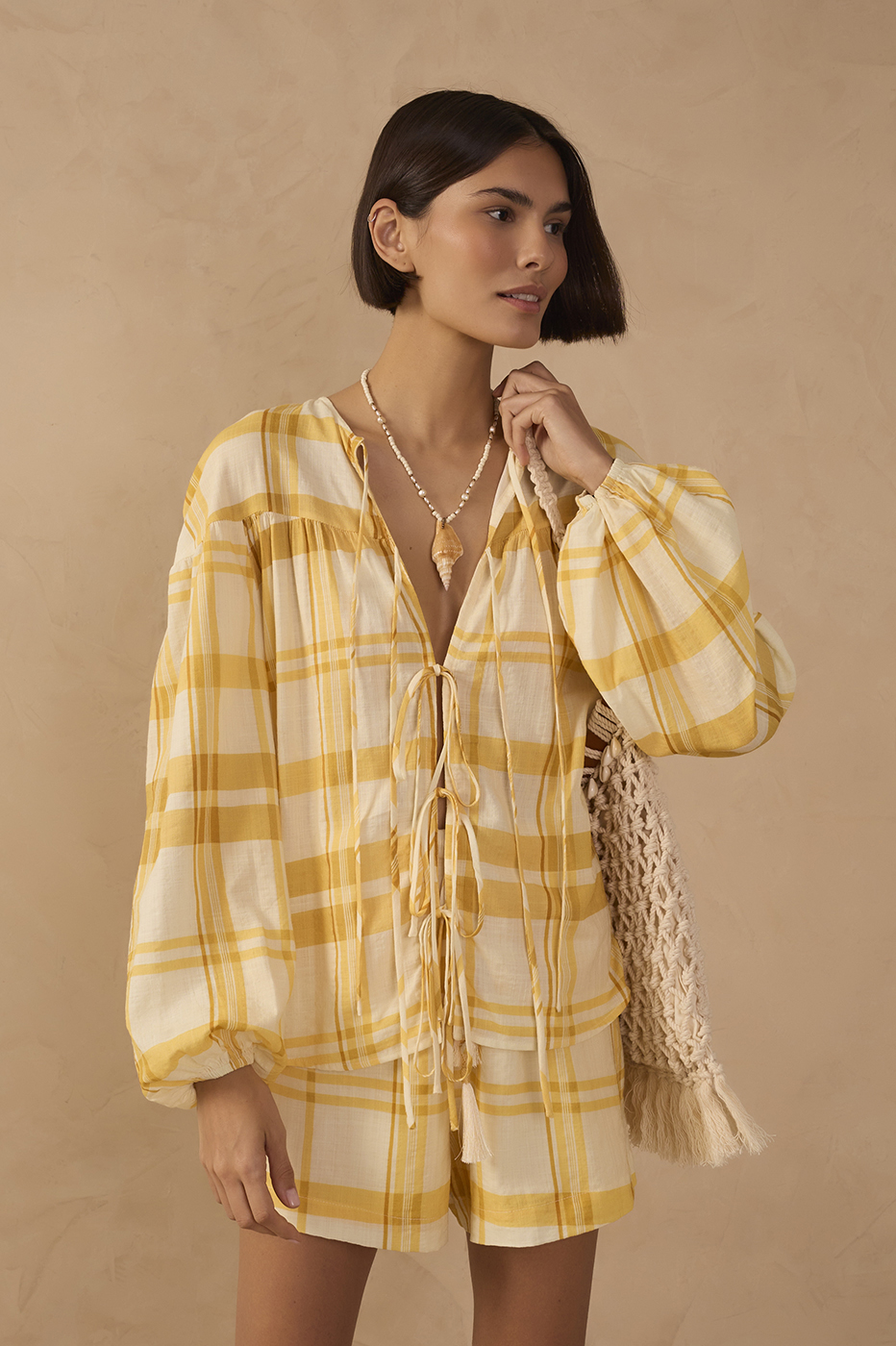 Yellow Plaid Puff Sleeves Tie-Front Blouse
