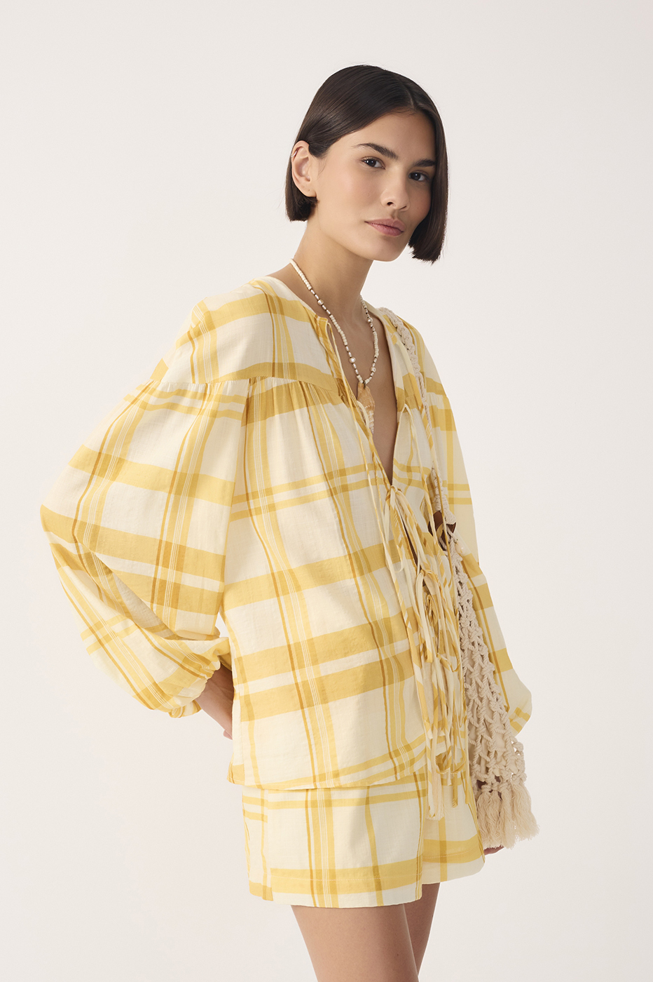 Yellow Plaid Puff Sleeves Tie-Front Blouse