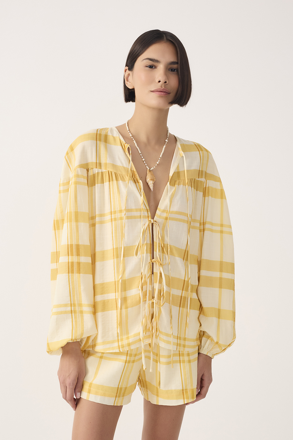 Yellow Plaid Puff Sleeves Tie-Front Blouse