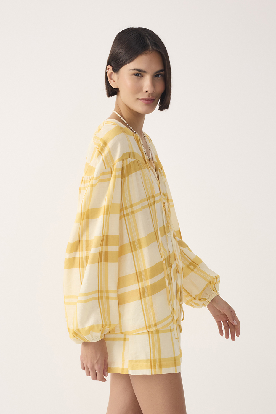 Yellow Plaid Puff Sleeves Tie-Front Blouse