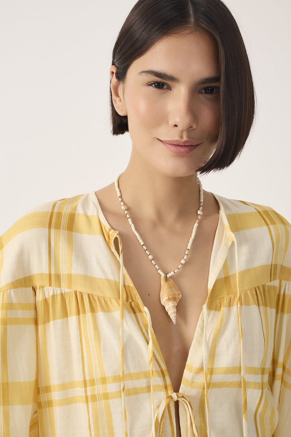 Yellow Plaid Puff Sleeves Tie-Front Blouse