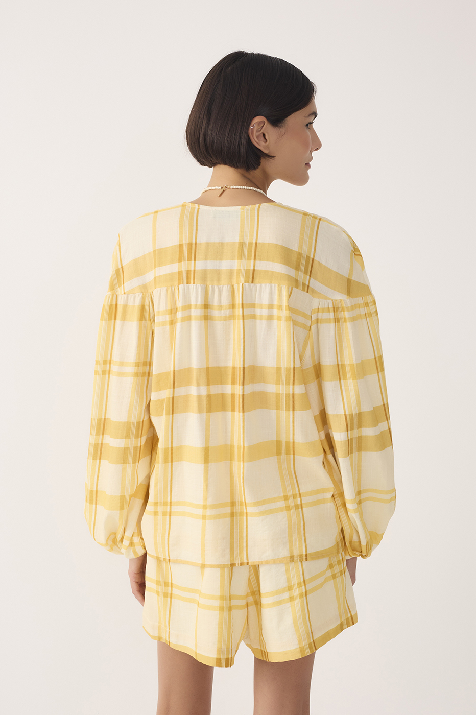 Yellow Plaid Puff Sleeves Tie-Front Blouse