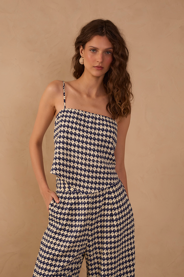 Blue Escama Square Neck Back Ties Blouse