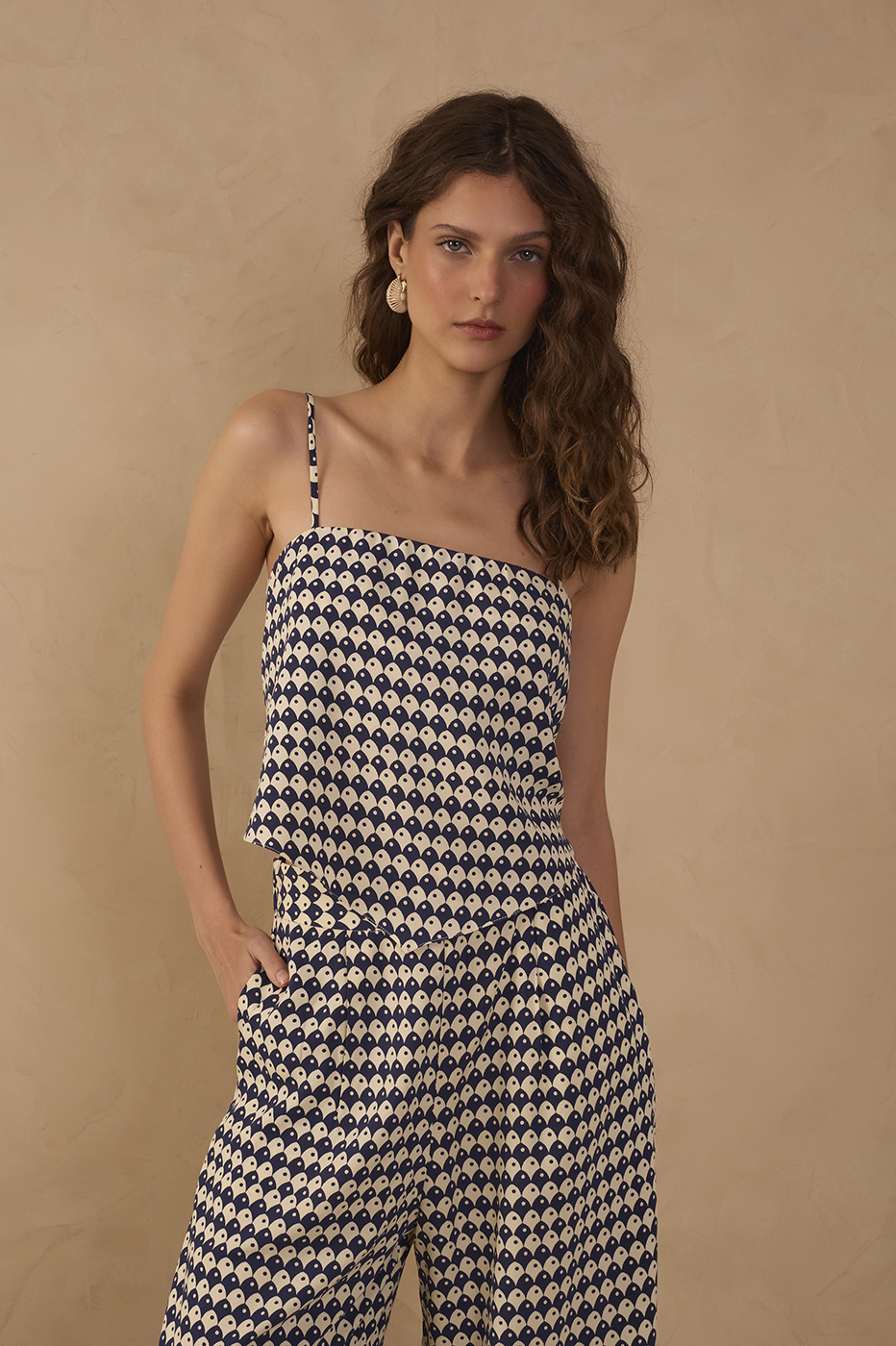 Blue Escama Square Neck Back Ties Blouse